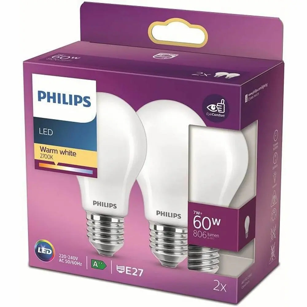 LED-pære Philips Classic Standard 60 W Hvid E E27 (2700 K) (2 enheder) nödstrøm.dk